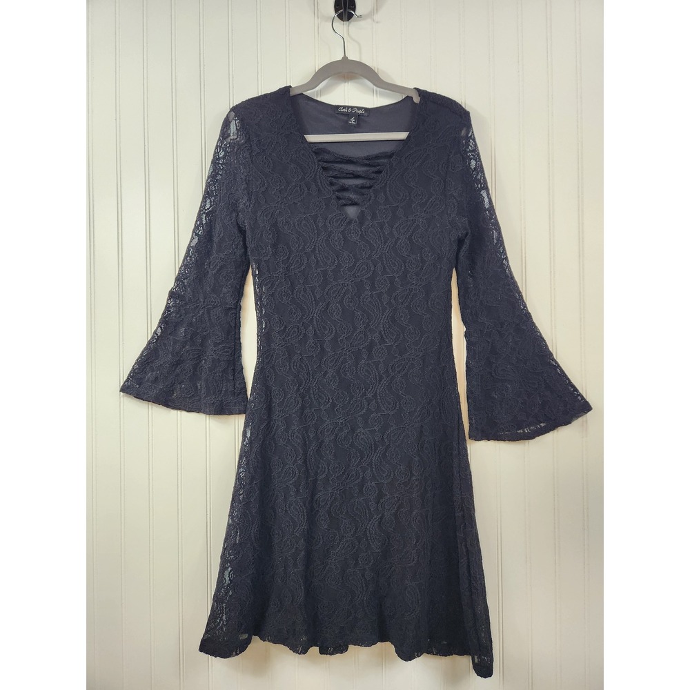 Cloth & People Women Black Lace Bell Sleeve‎ V-Neck Mini Dress Large Whimsygoth